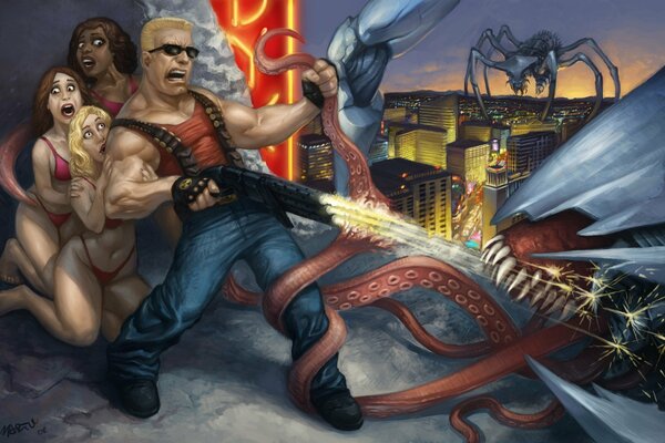 A lifeguard with a shotgun saves girls from an octopus monster