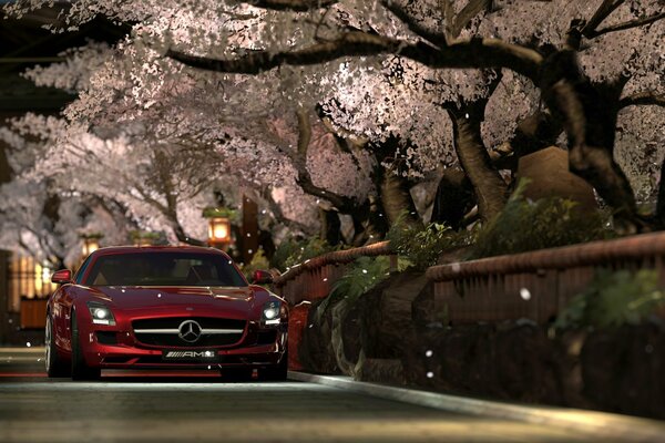 Voiture rouge sur fond de Sakura