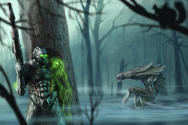 Ein Krieger mit einer Waffe im Nebel geht durch den Sumpf, und ein Eichhörnchen sitzt auf dem Baum und ein Monster versteckt sich in der Nähe von Starcraft