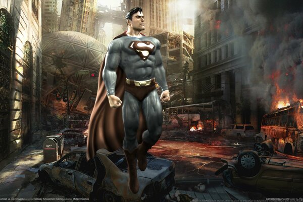 Superman del juego mortal Kombat caminando entre las ruinas de la ciudad