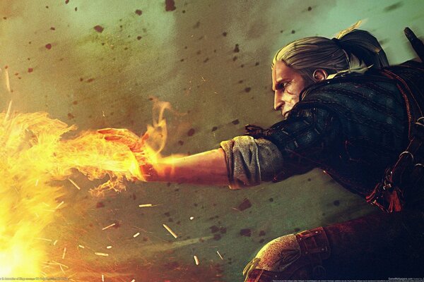 Geralt from the game The Witcher two lets fire