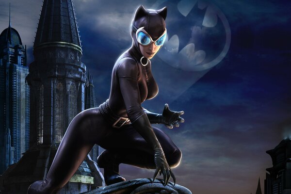 Женщина-кошка на фоне готэм сити с эмлемой бэтмена
