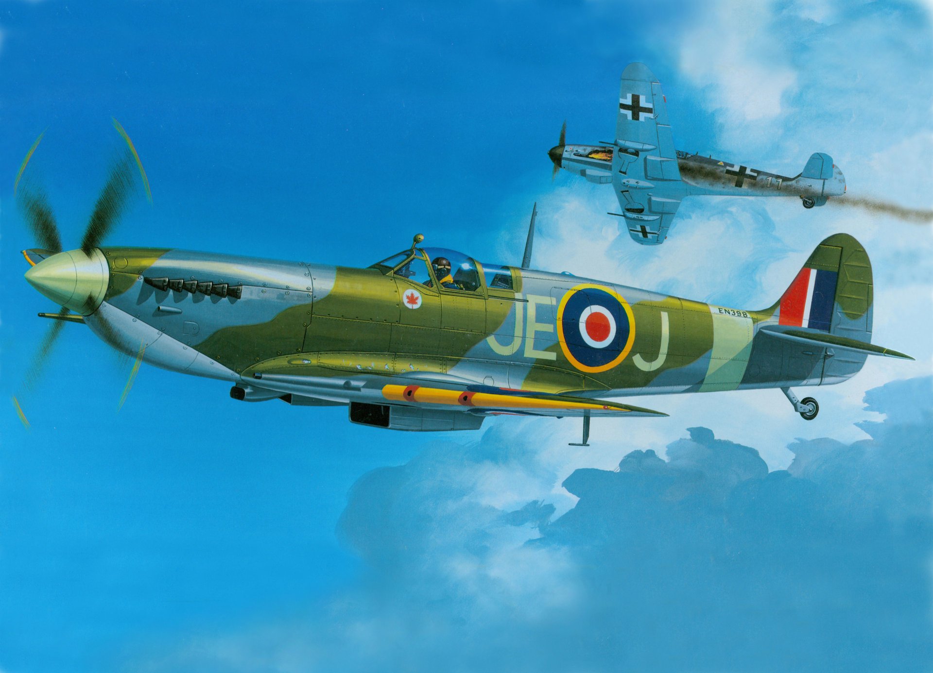 flugzeug krieg nahkampf kunst ww2 britischer kampfjet spitfire bf 109