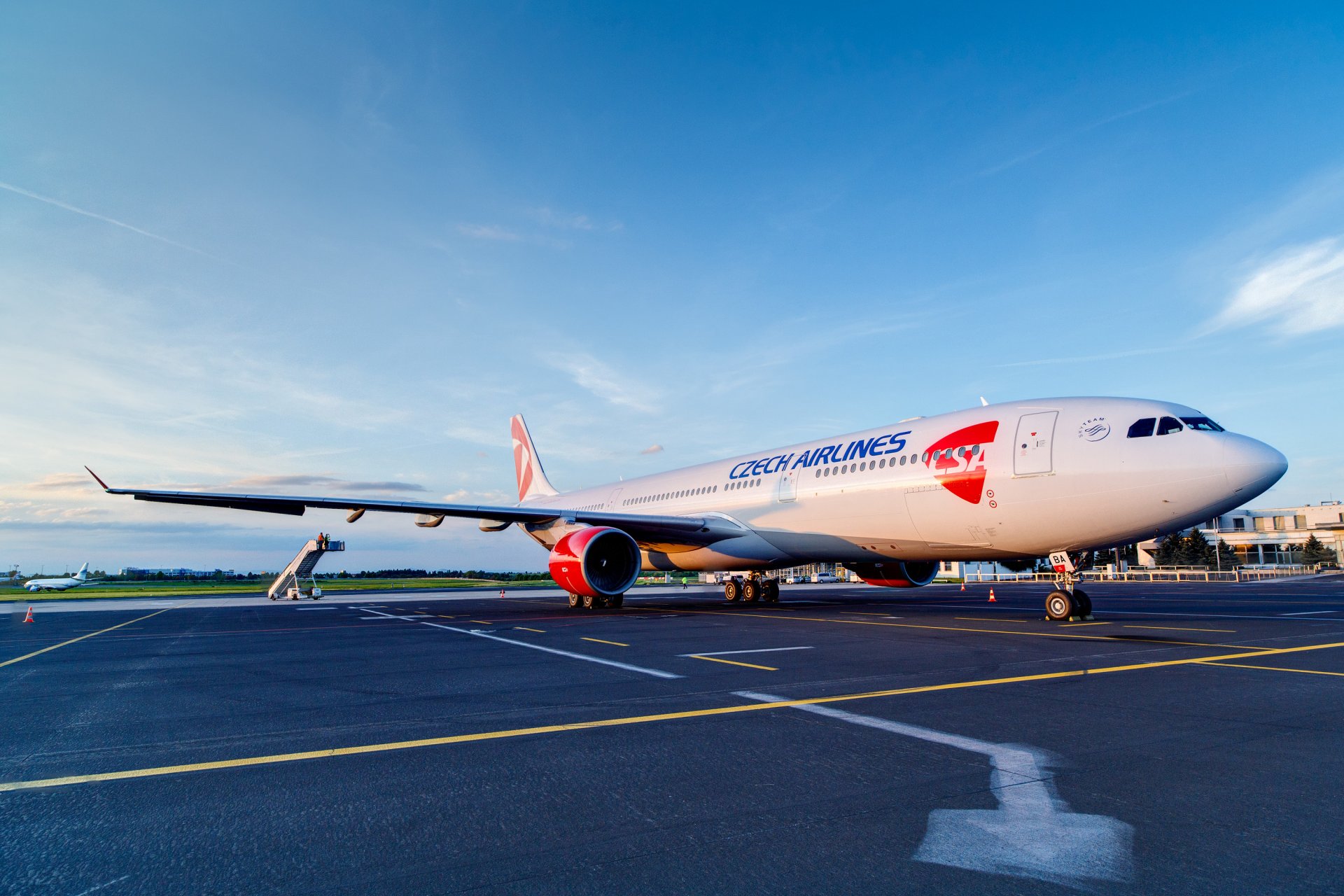 passenger airliner plane airbus a330 czech airlines czech republic airport the platform sky weather chassis engine airplane perron