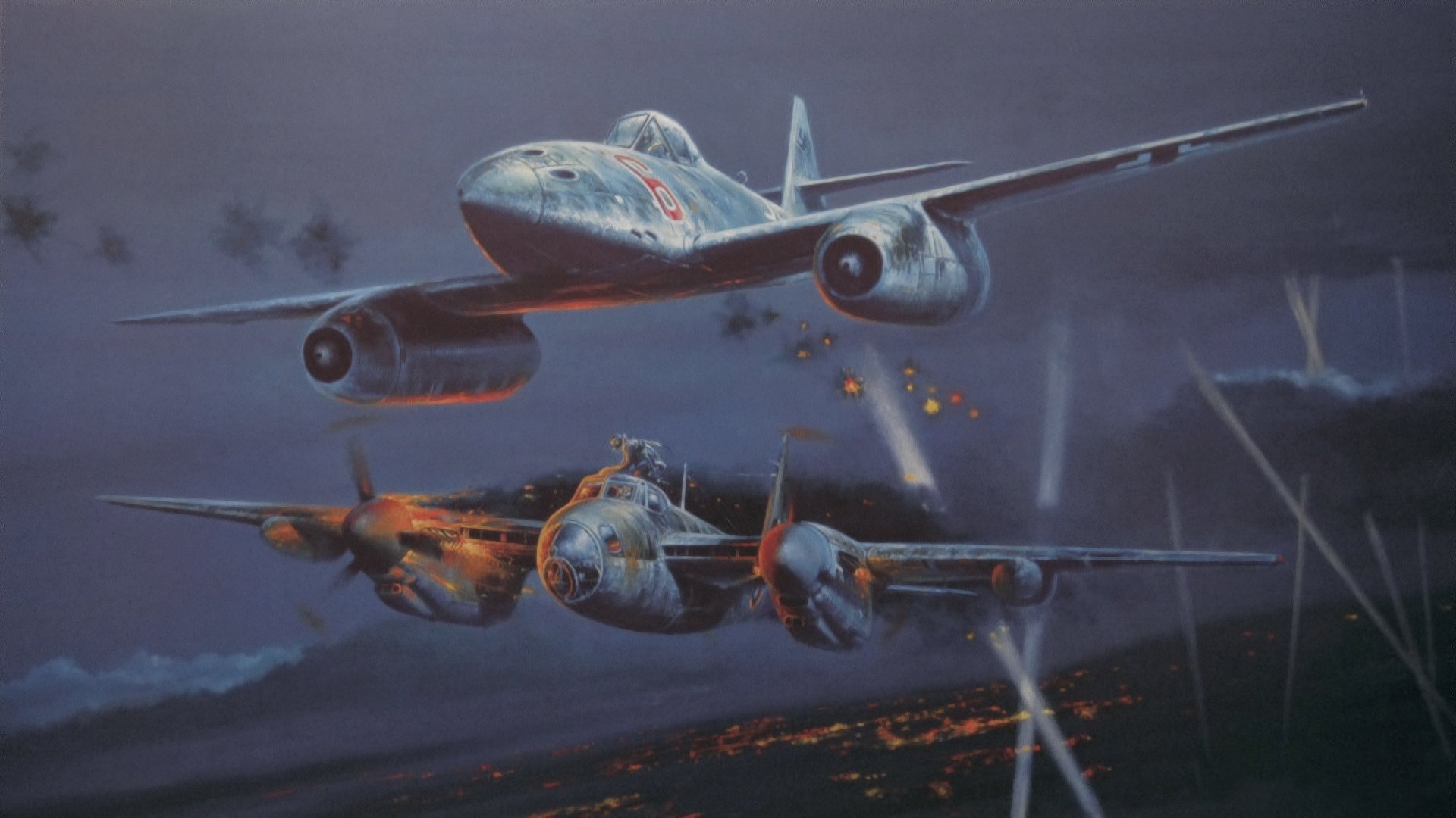 messerschmitt me 262 de havilland mosquito guerre ww2 combattant de nuit peinture art