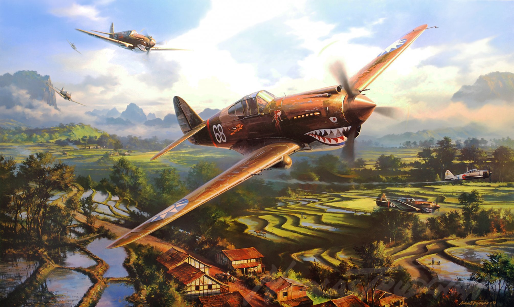 krieg ww2 arbeit kunst malerei p-40 tomahawk a6m null tiger fliegen