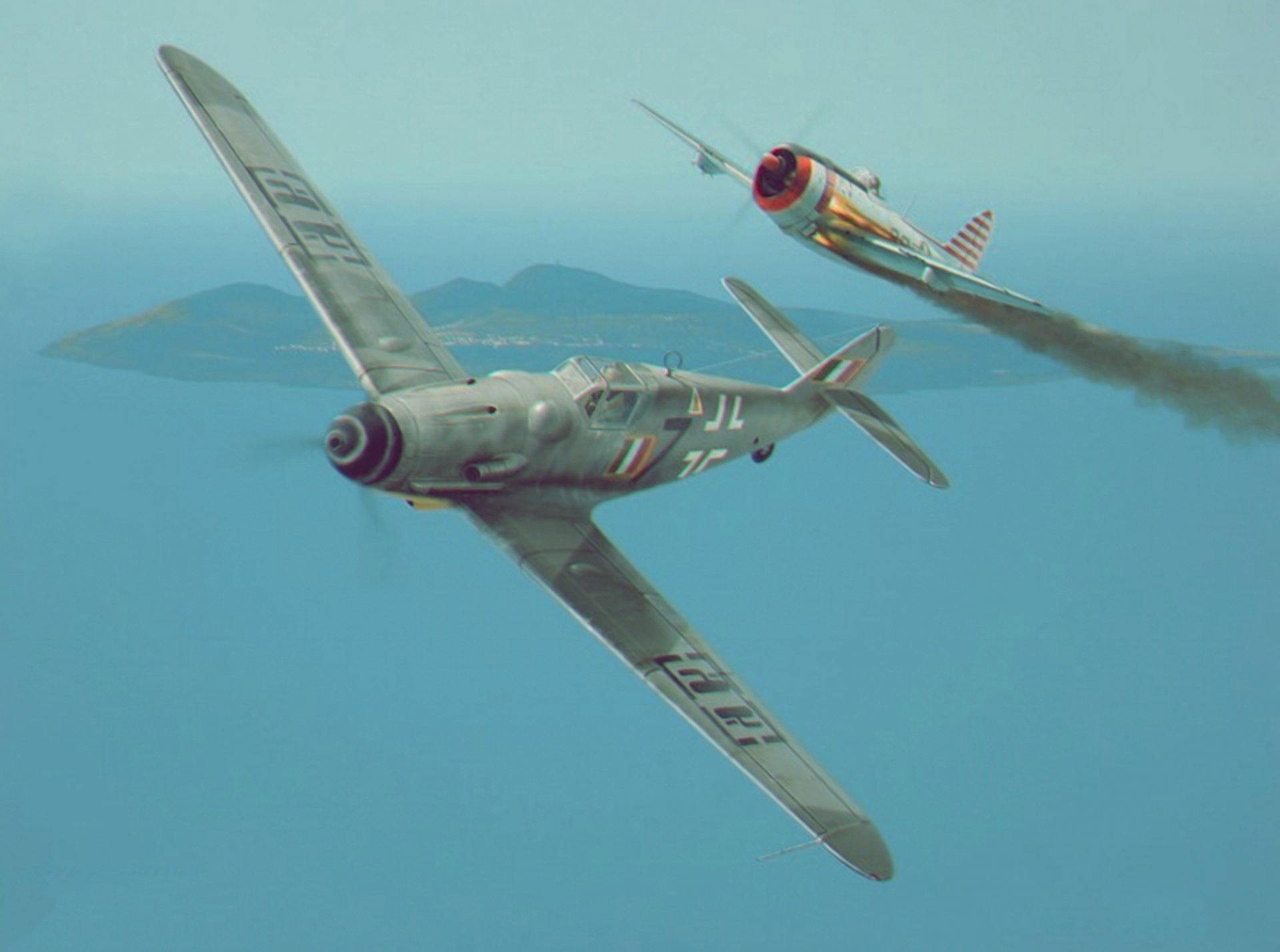 p 47 thunderbolt aerial combat hand-to-hand combat ww2 war painting art airplane bf 109 german airplane