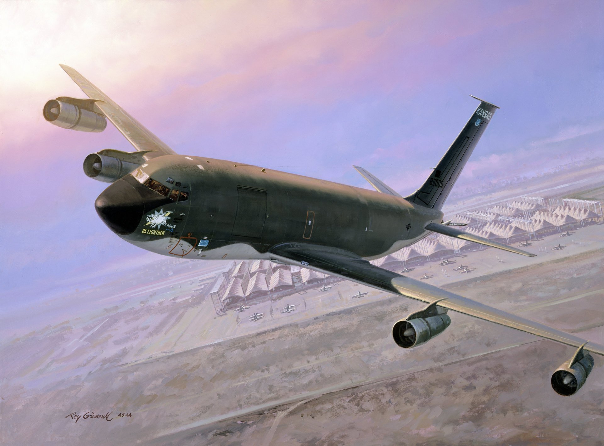 arte cielo boeing kc-135 stratotanker jet quadrimotore specializzato multifunzionale trasporto militare aereo cisterna terra aeroporto hangar figura