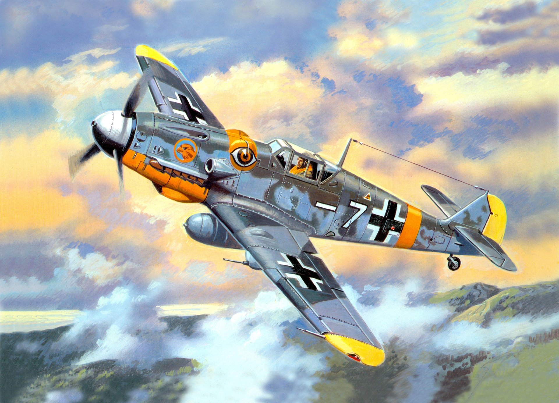 arte bf-109g-6 alemán luchador cielo nubes ww2 dibujo