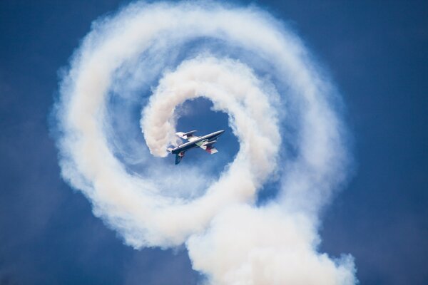 Beautiful turns of the plane. A plane in the sky is a beautiful photo. The plane draws in the sky