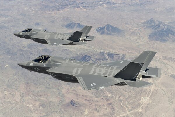 F - 35B fighter bombers flying in pairs