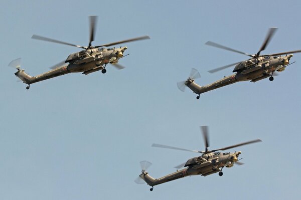 Helicópteros de ataque mi 28 volando sobre la tierra