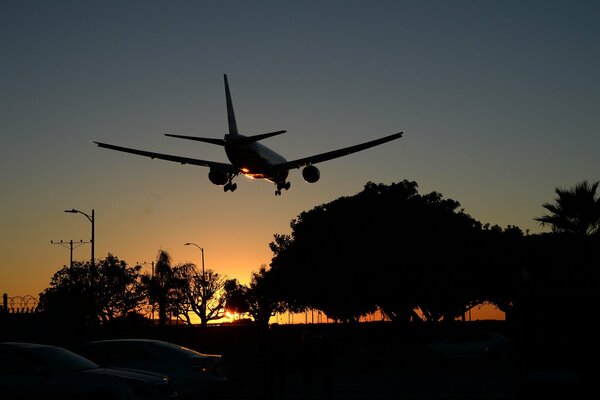 A passenger plane flies into the distance against the background of sunset