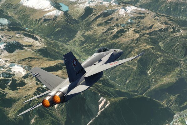 Black fighter jet flying on mountainous terrain