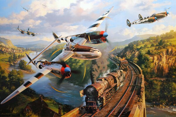 Image de vieux avions et trains. Image guerre. Avions militaires avant