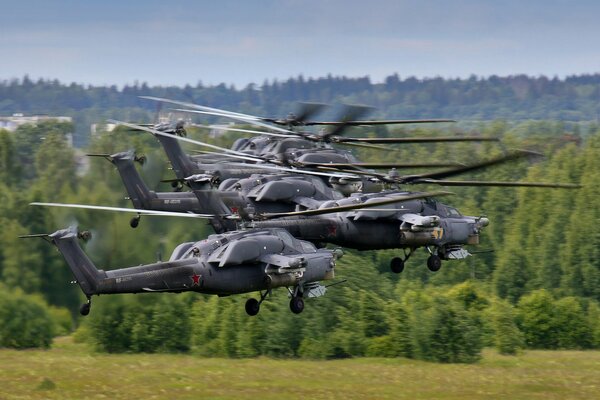 Many attack helicopters take off together