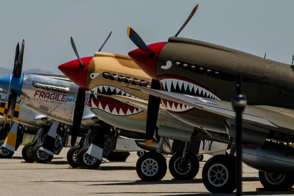 Fighters of the World War II period at the airfield