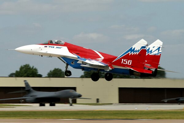 The MIG-29 multi-purpose fighter taking off