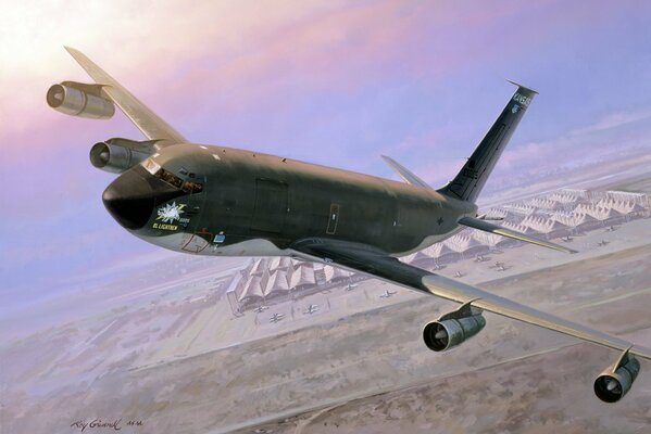 Avión de transporte militar multifuncional de cuatro motores a reacción en el cielo