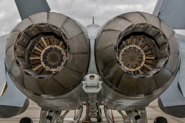 The aircraft turbines of the fighter are shown