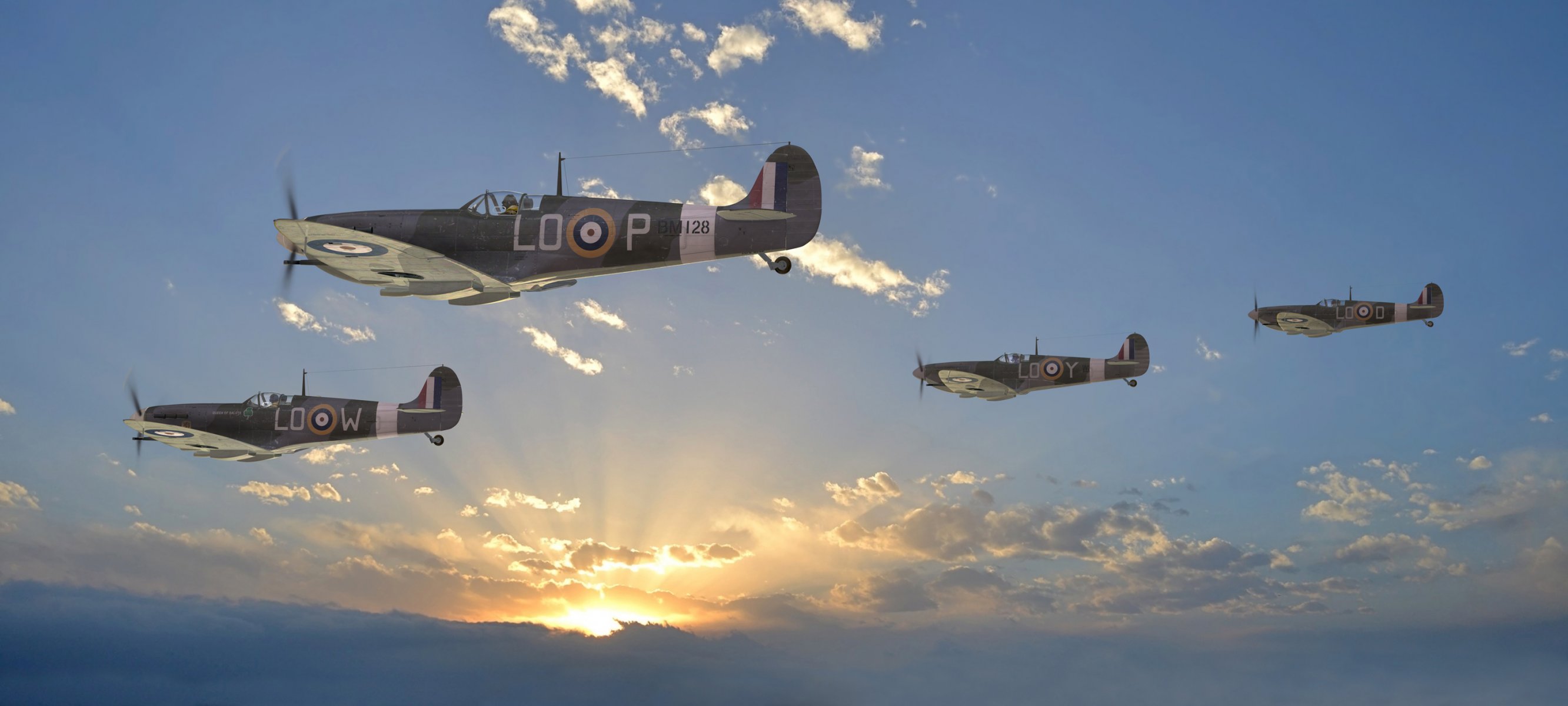 ky supermarine spitfire uk fighters clouds sun rays ww2 picture