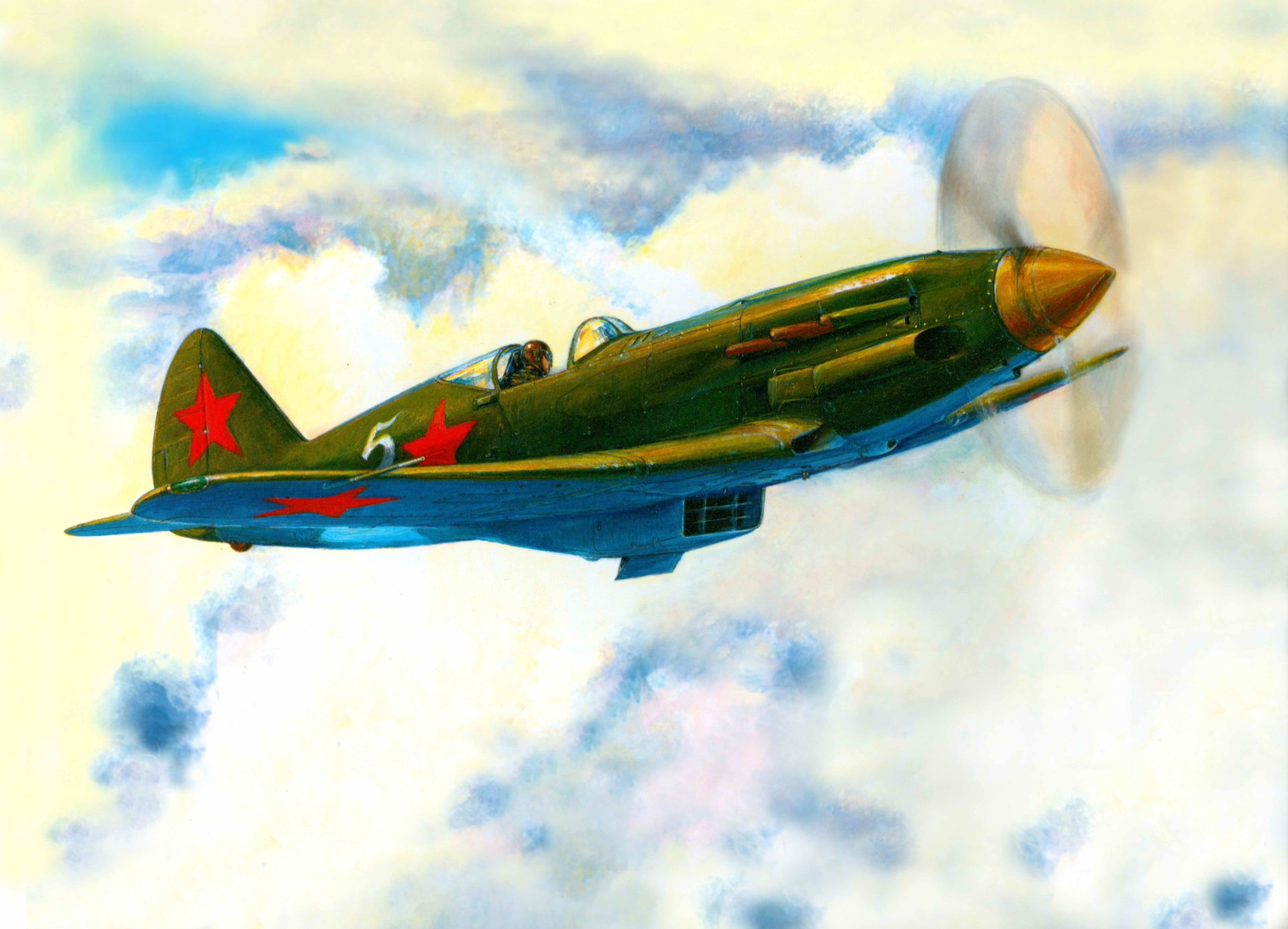 mig-3 fighter aviation plane flight clouds sky day wings soviet union art picture