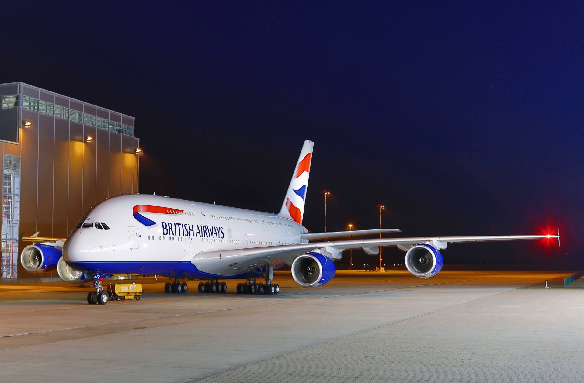 british airways airbus a380 lotnisko noc światła niebo światła