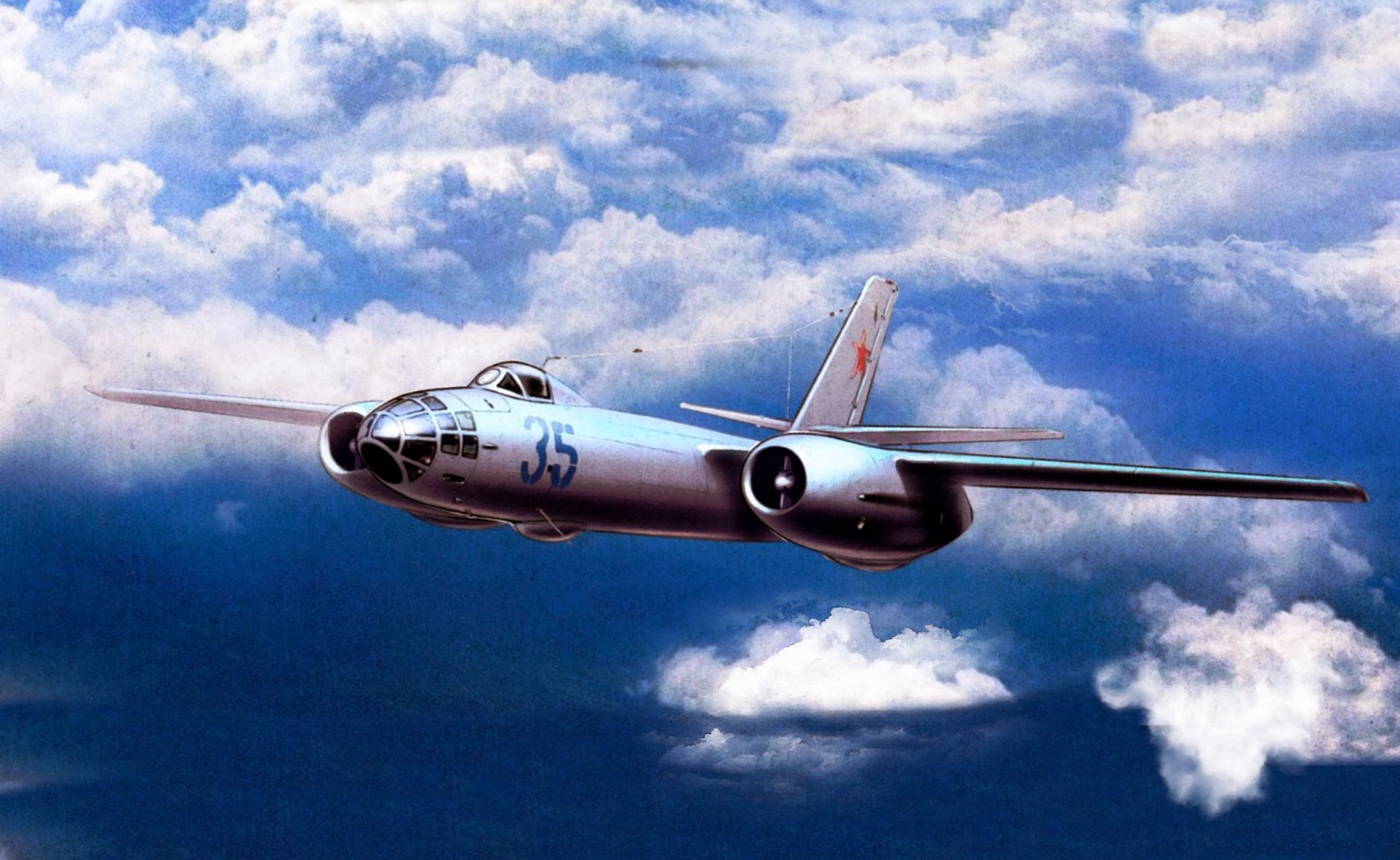 il-28 hound bombardiere scout ilyushin aviazione arte cielo nuvole ali volo