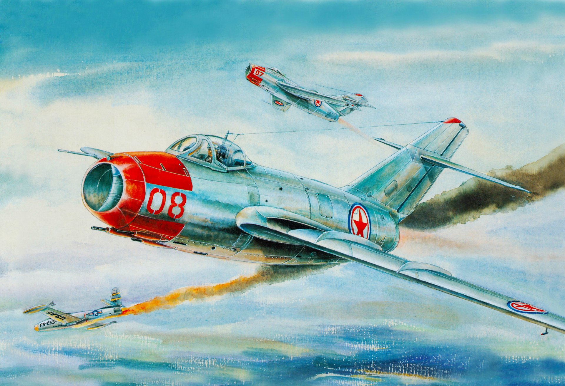 mig-15 fagot f-86 fighter mikoyan gurevich sky korea art picture bow flight crashed war