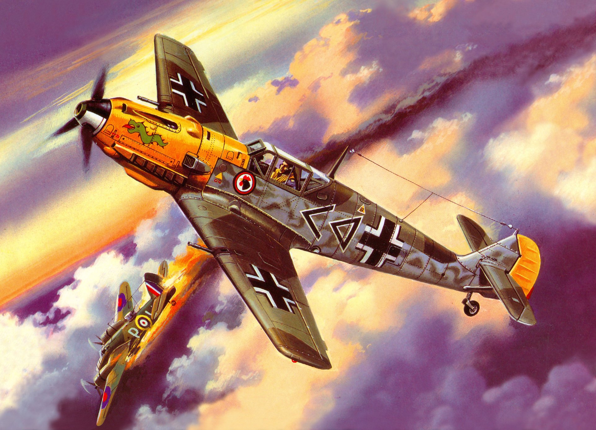 arte combattimento aereo bf-109e-4 tedesco combattente abbattuto bombardiere inglese bristol blenheim cielo nuvole ww2 figura