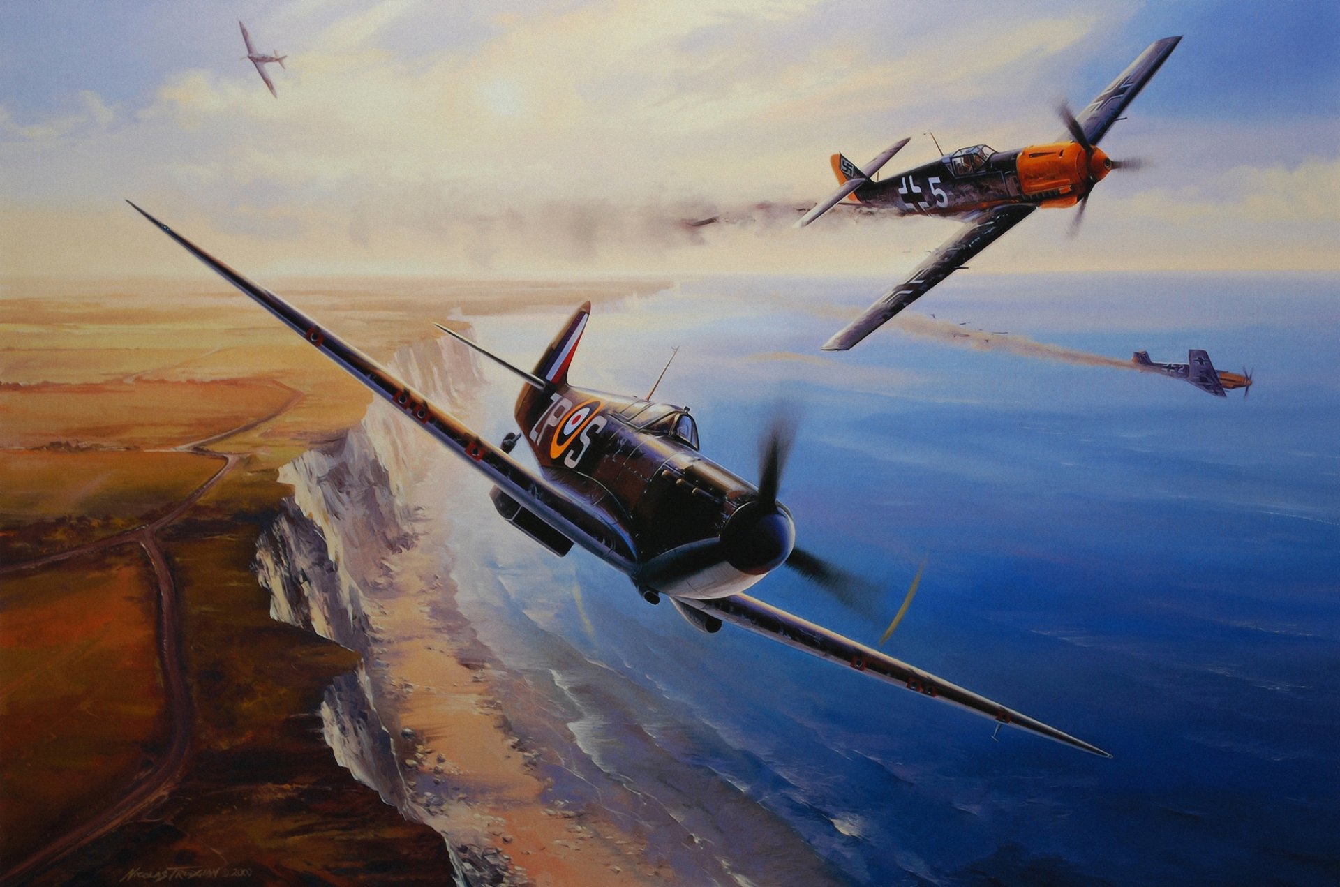 messerschmitt bf 109 surface spifire battle of britain ww2 war hand-to-hand combat painting art airplane