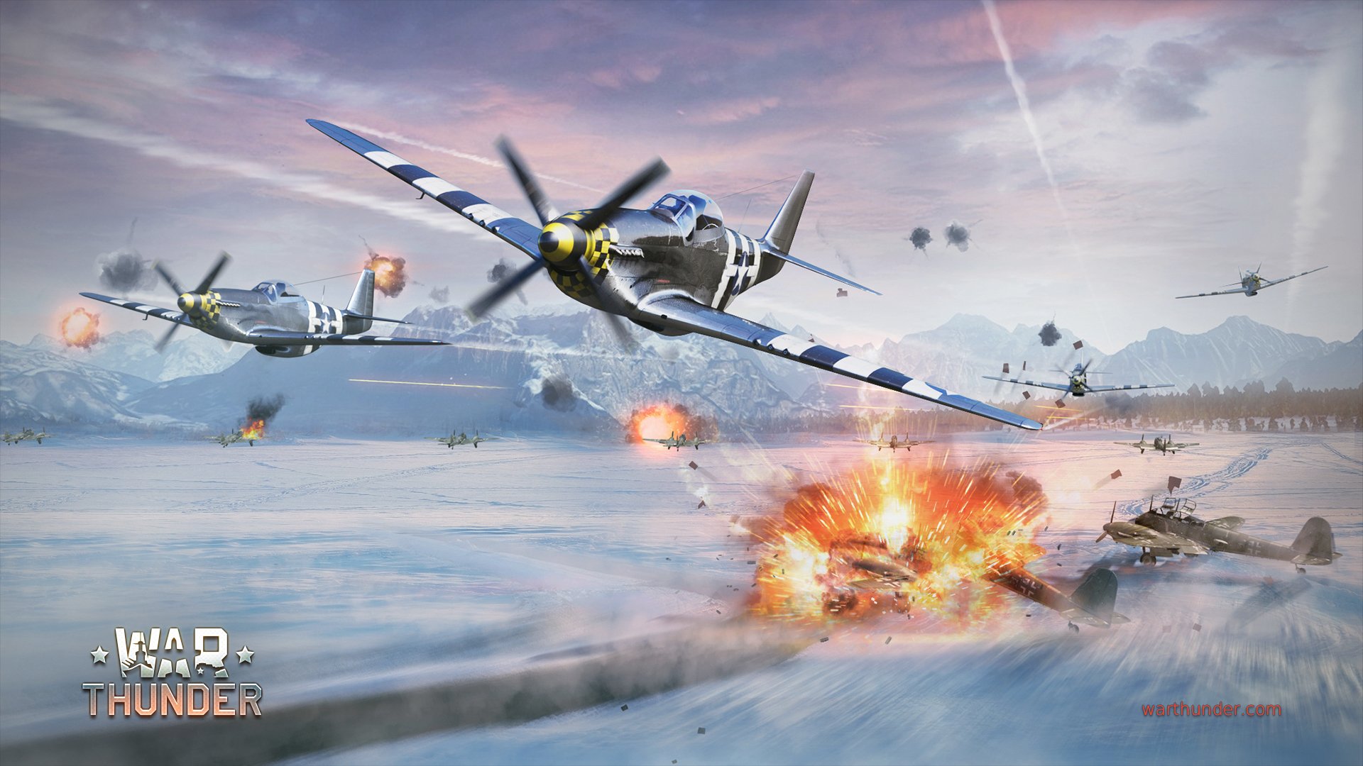 art war sky north american p-51 mustang american the piston single-engined fighter messerschmitt me.410 hornisse hornet german twin-engine fire explosion flame smoke snow airport ardennes mountain war thunder