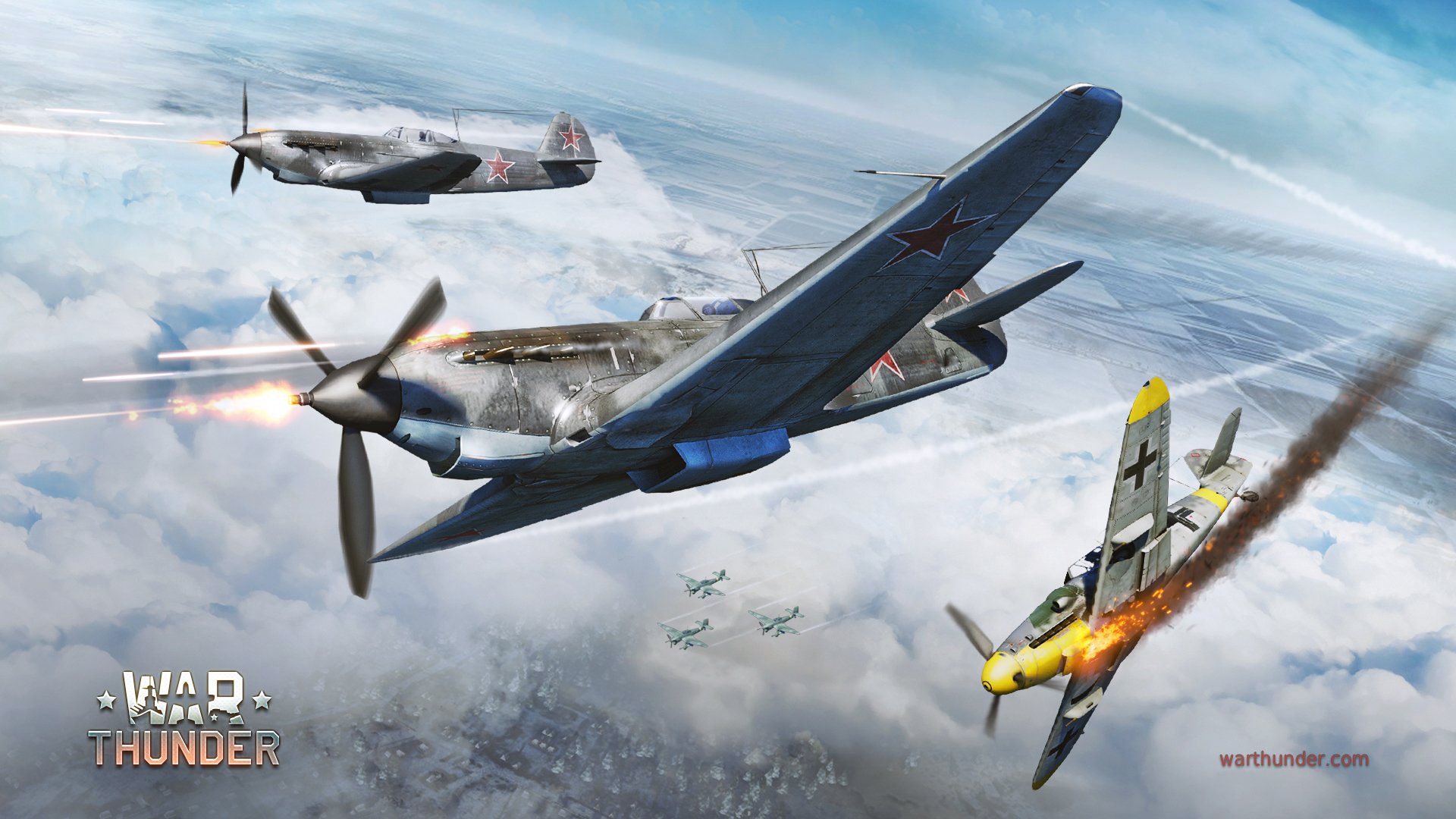 art war nebo jakowlew jak-9 radziecki tłokowy jednosilnikowy myśliwiec messerschmitt bf.109g niemiecki junkers ju.87 stuka łapciarz płomień strzelanie korsun zima war thunder