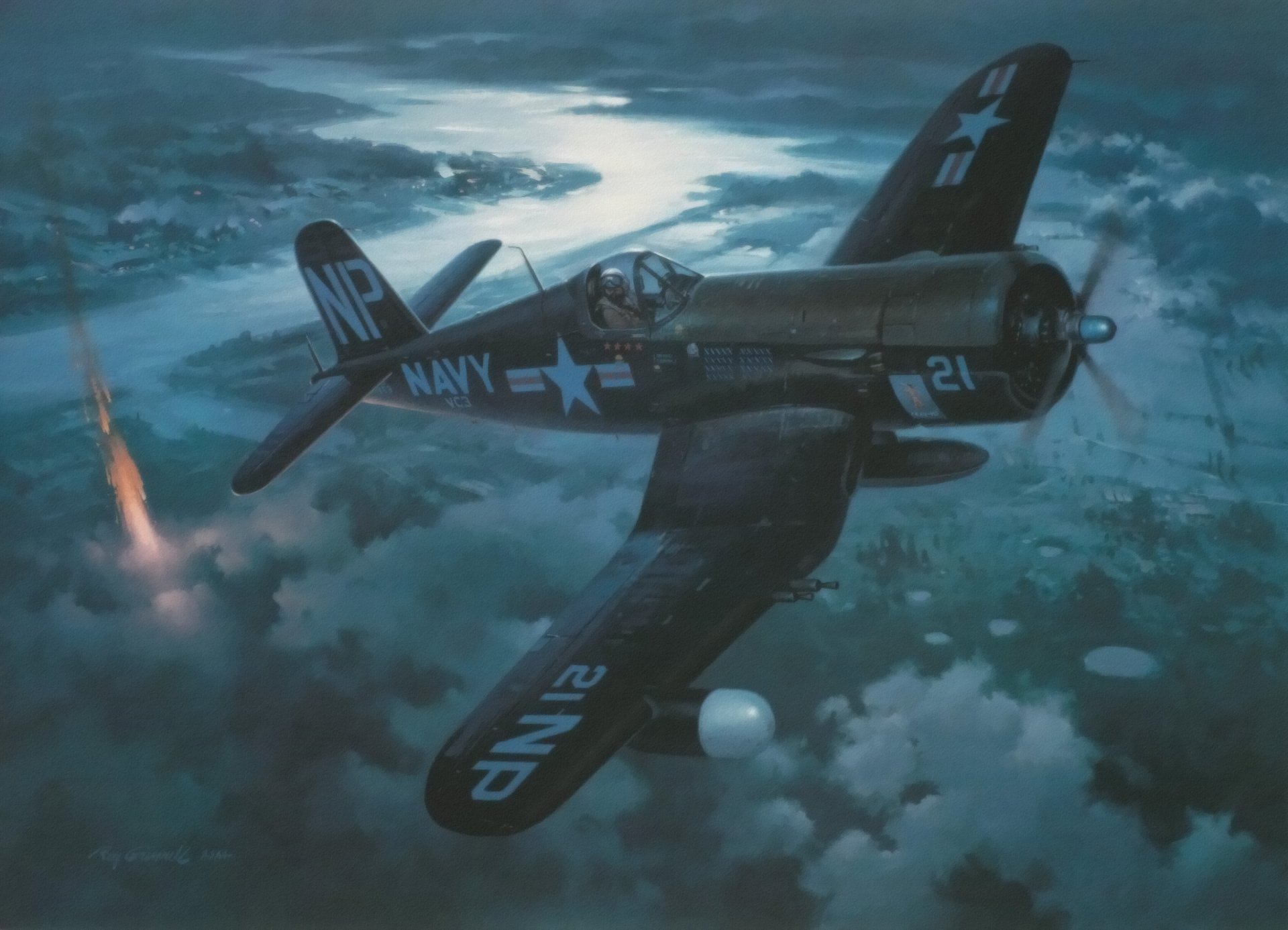 vout f4u corsair pacific fighter ww2 krieg kunst malerei flugzeug roy grinnel