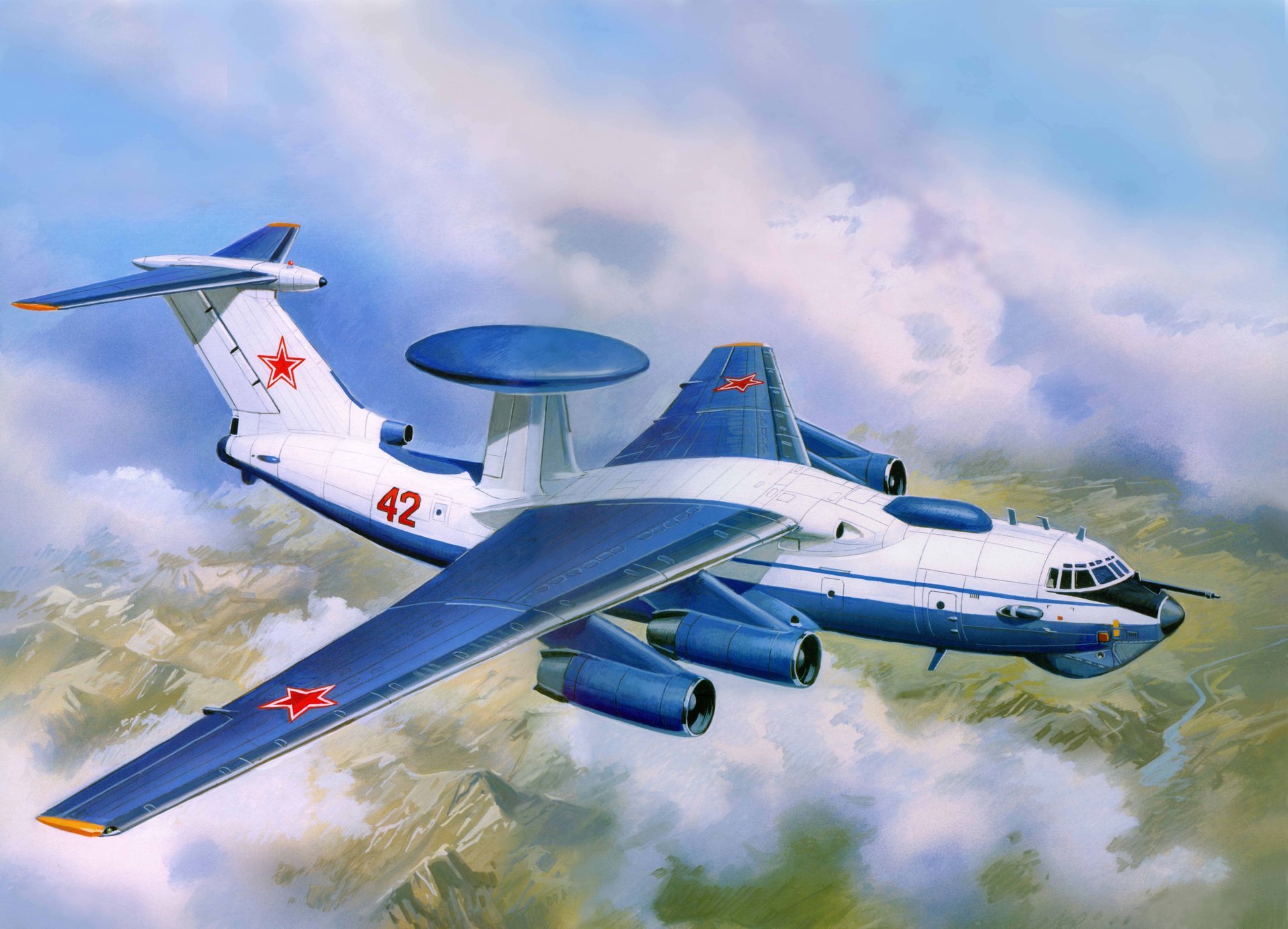 art plane a-50 management complex bumblebee is equipped with equipment radio intelligence aew far radar detection design bureau beriev soviet union russia