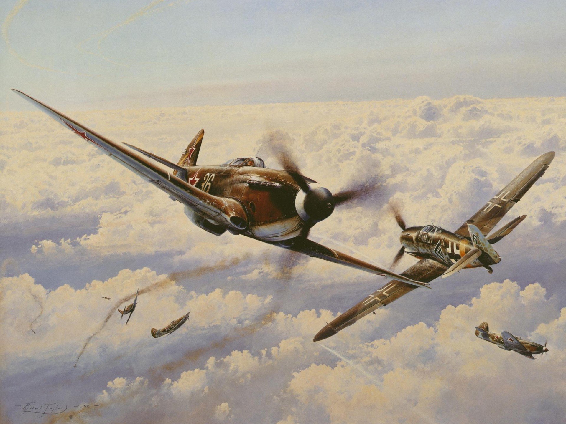 arte guerra cielo yakovlev yak-3 soviético monomotor pistón luchador messerschmitt bf.109 g-6 gustav alemán nubes lucha viraje