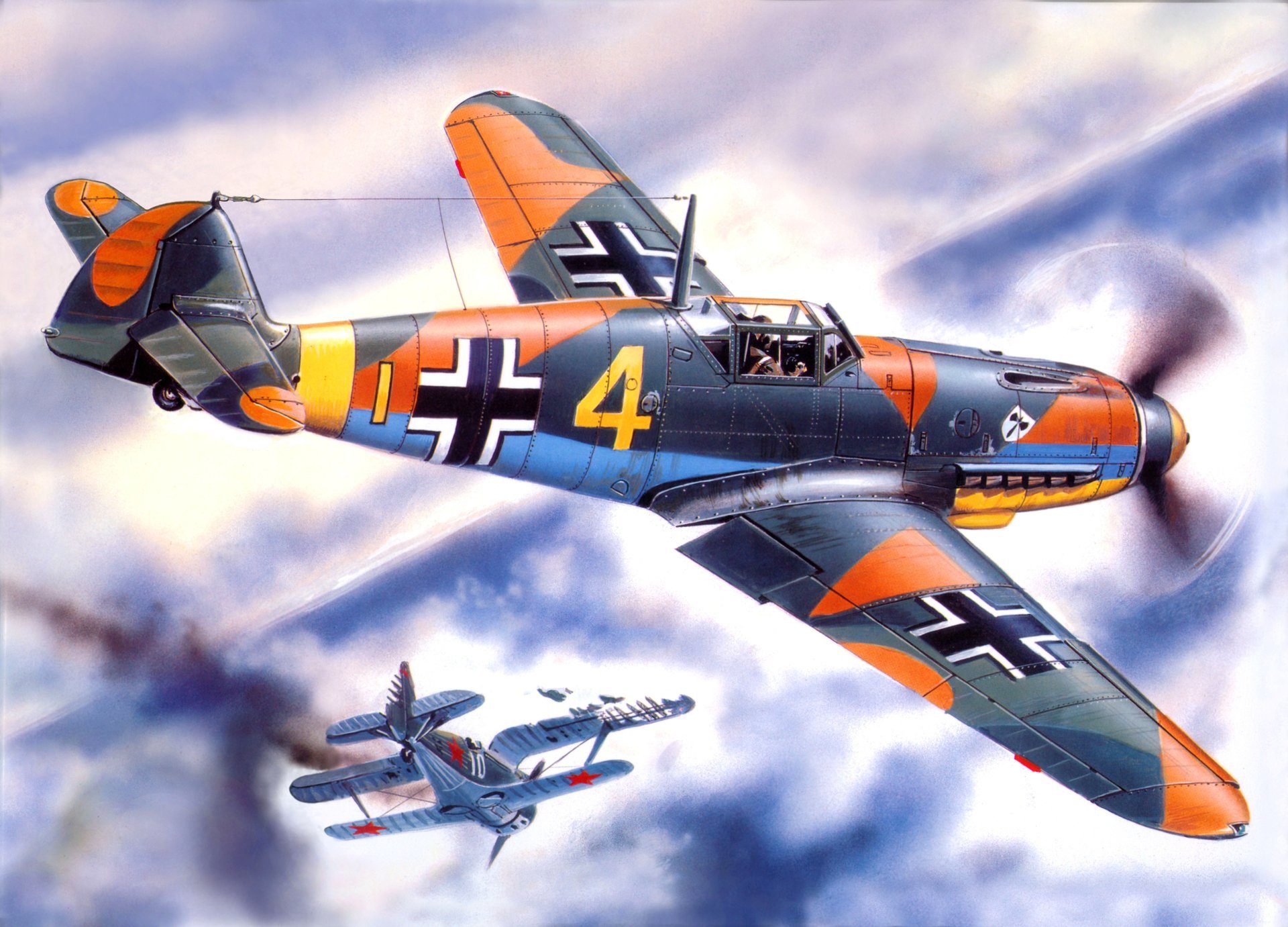 art bf-109 f4 german fighter shot down i-153 seagull soviet fighter biplane war sky air fight picture