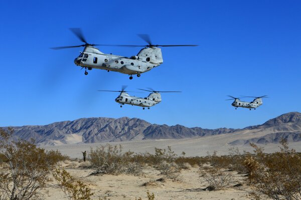 Militärtransporthubschrauber über Bergen mit Sand und Sträuchern