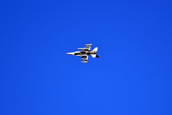 An American F-16 fighting falcon fighter jet flies in a clear sky