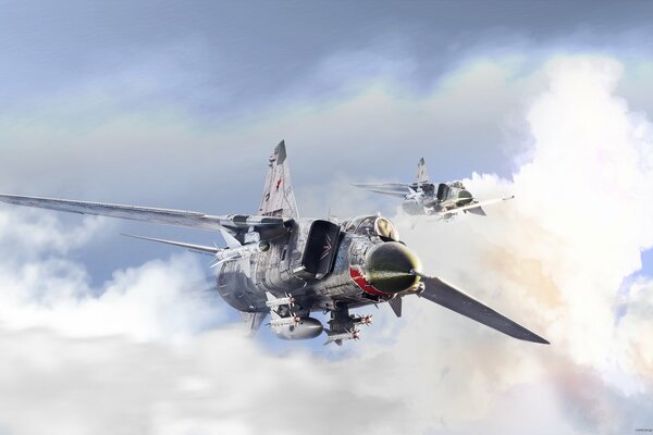Radziecki myśliwiec MiG-23 wysoko w chmurach