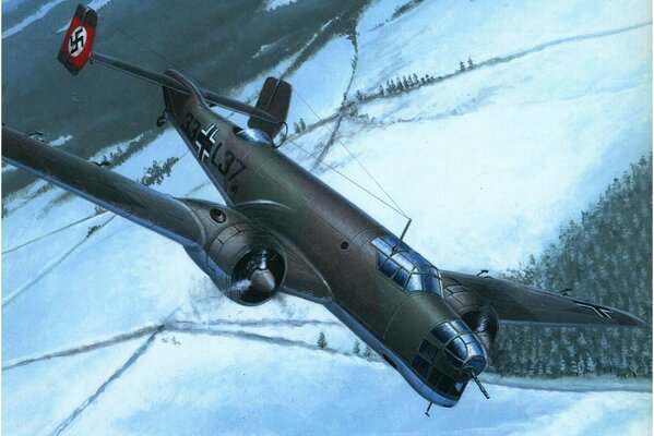 Drawing of a German aircraft over a snowy terrain