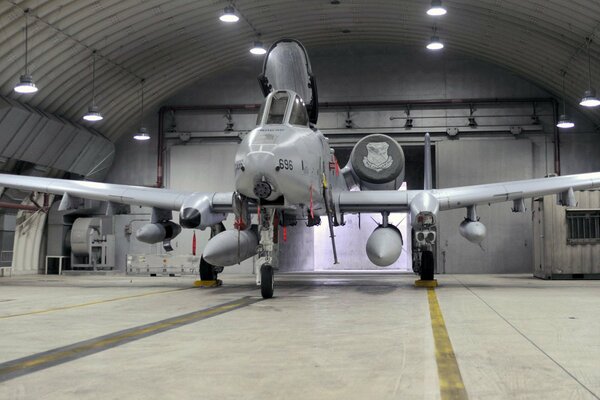 Single-seat twin-engine American fairchild attack aircraft in the hangar