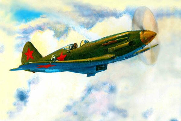 Mig-3 fighter in the clouds. Drawing