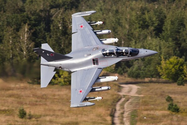 A gray fighter is flying over a field and a forest