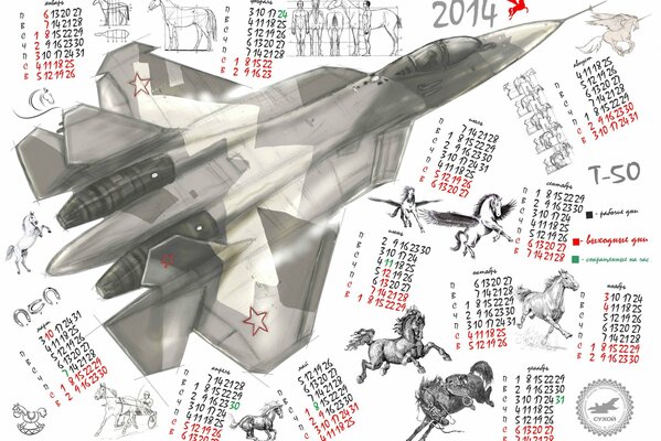 Calendario 2014 con caballos y un caza T-50