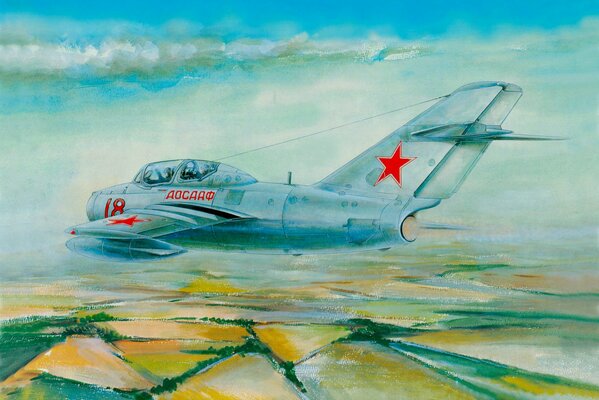 Disegno di un combattente MiG 15 che vola sopra i campi