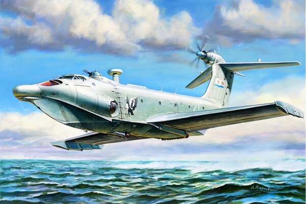 A-90 transport and amphibious ekranoplane over the sea