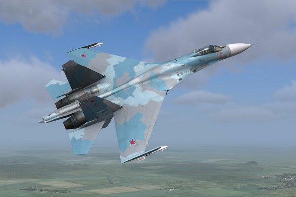 The Su-27 fighter is flying against the sky