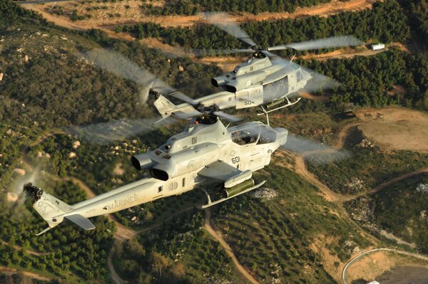 A pair of military helicopters flying over the ground