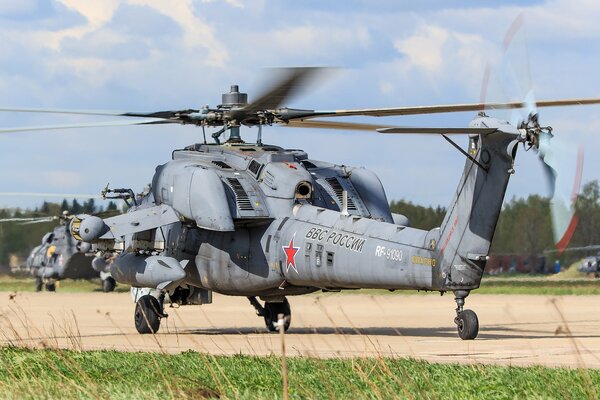 A Russian military helicopter is preparing to take off